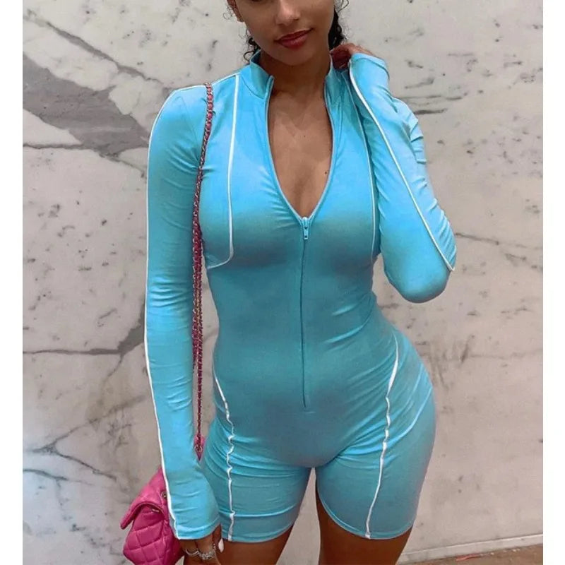 Cyflymder  Reflective Rompers Woman Skinny Fitness Gym Workout Sportwear Long Sleeve Stand Collar Zipper Playsuit 32013