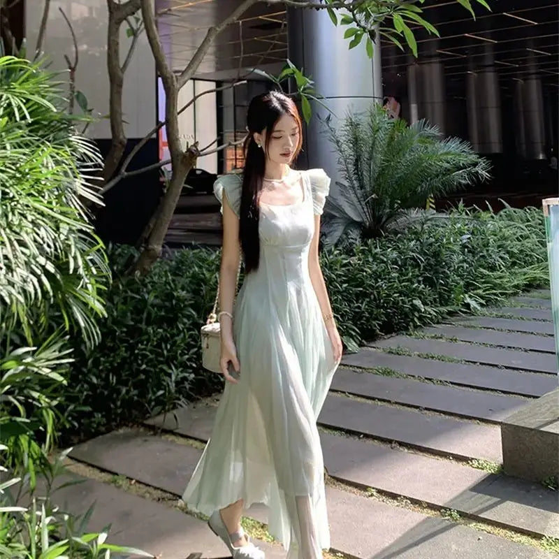 Cyflymder  Dresses Women Gradient Flying Sleeve Ruffles Bandage French Style Sweet Elegant Summer Fashion Dress Party Female