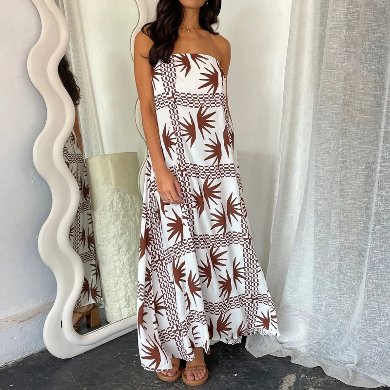 Cyflymder  Beach Holiday Strapless Maxi Tube Dress Vintage Fruit Print Backless Swing Loose Dress Women Summer Boho Off Shoulder Long Dress