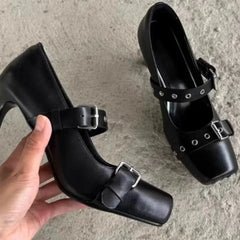 Cyflymder  New Black 7cm High Heels Sandals Metal Buckle Rivets Ballet Shoes Spicy Girl Square Toe Shoes PU Autumn Women's Shoes 35-39