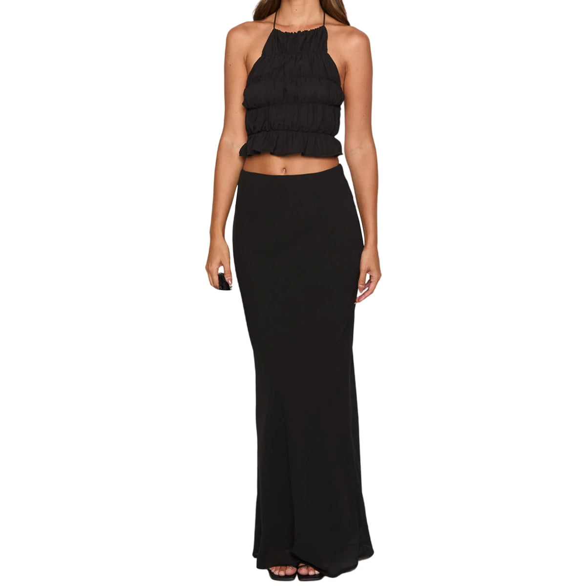 Cyflymder  Elegant Two Piece Skirt Sets for Women Stylish Smocked Halter Neck Crop Top with  Fit Long Skirt Ensemble in Solid Color