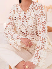 Cyflymder  Women Floral Crochet Lace Blouse Long Bell Sleeve Sheer Loose Fit Hollow Out Top Spring Casual Fashion Boho Beach Outfit