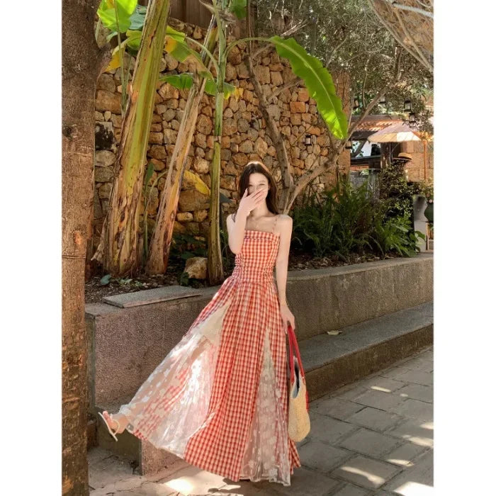Cyflymder  Korean Style Blue Plaid Lace Halter Dress Women Summer 2025 Sweet Beach Vacation Maxi Skirt Long Dress One Shoulder Sleeveless