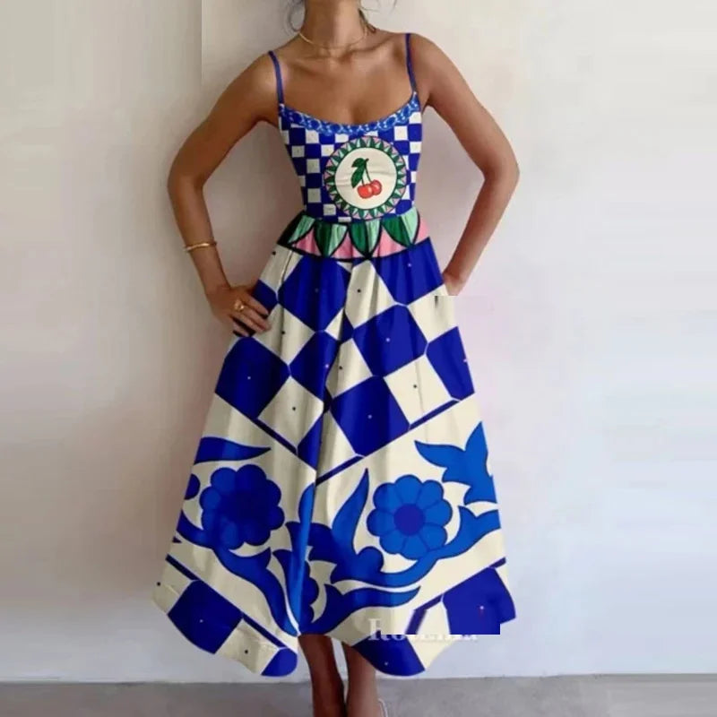 Cyflymder  Retro Luxury Sardines Dress For Women Sexy Hand-Painted Printed Elegant Vest Summer Ladies Tight Chic Strap Long Dress