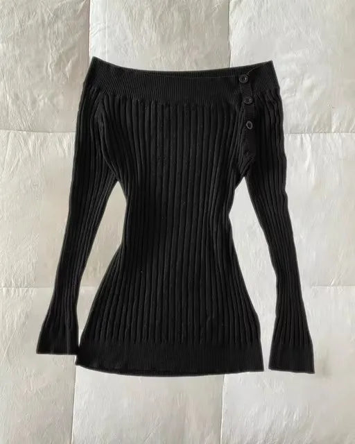 Cyflymder  Fashion American Vintage Slash Neck Knitted Sweaters Y2k Solid Simple French Streetwear Pullover Casual Autumn Women Clothes