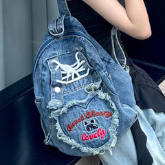 Cyflymder  Cute Pink Denim Women Backpacks Large capacity shoulder Bags Girls School Bags Embroidered letters daypacks Travel Jean Bagpack