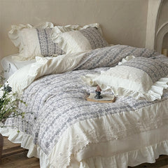 Cyflymder  Vintage French Prints Lace Ruffles Bedding Set Double Layer Yarn 100% Cotton Duvet Cover Flat/Fitted Bed Sheet Pillowcases 4Pcs