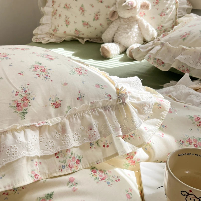 Cyflymder  Princess Style Lace Ruffles 100% Cotton Bedding Set Floral Pastoral Style Duvet Cover Flat/Fitted Bed Sheet Pillowcases 3/4Pcs
