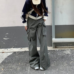 Cyflymder  100% Cotton Women Cargo Pants Loose Y2K Wide Leg Pants Fashion Designed Pockets Female Baggy Trousers New