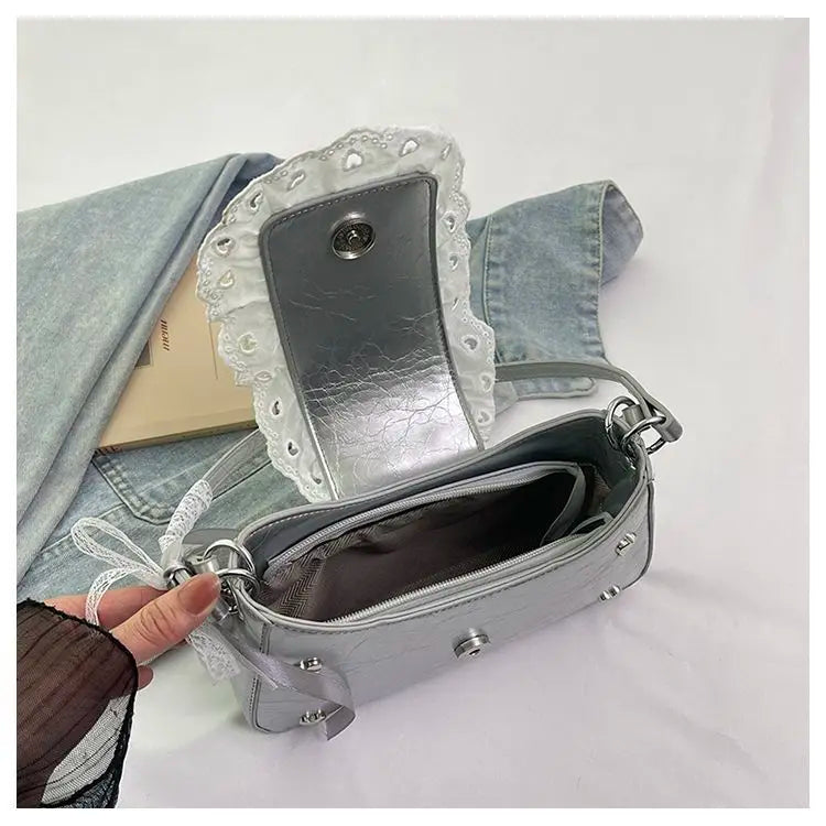 Cyflymder  Fashion Patchwork Lace Office Lady Shoulder Bags Sweet Heart Elegant Women Underarm Bag Luxury Design Y2k Aesthetic Ins Handbags
