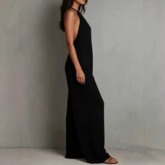 Cyflymder  Casual Jumpsuit For Woman Sleeveless Romper Halter Neck Wide Leg Overalls Black Front Pockets Jumpsuits White Maxi Length Solid