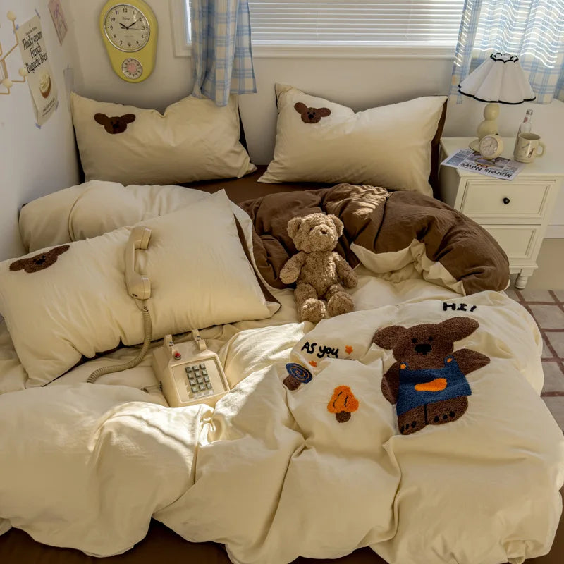 Cyflymder  new student cartoon washed cotton towel embroidered three or four-piece set bed sheet quilt cover mattress bedding