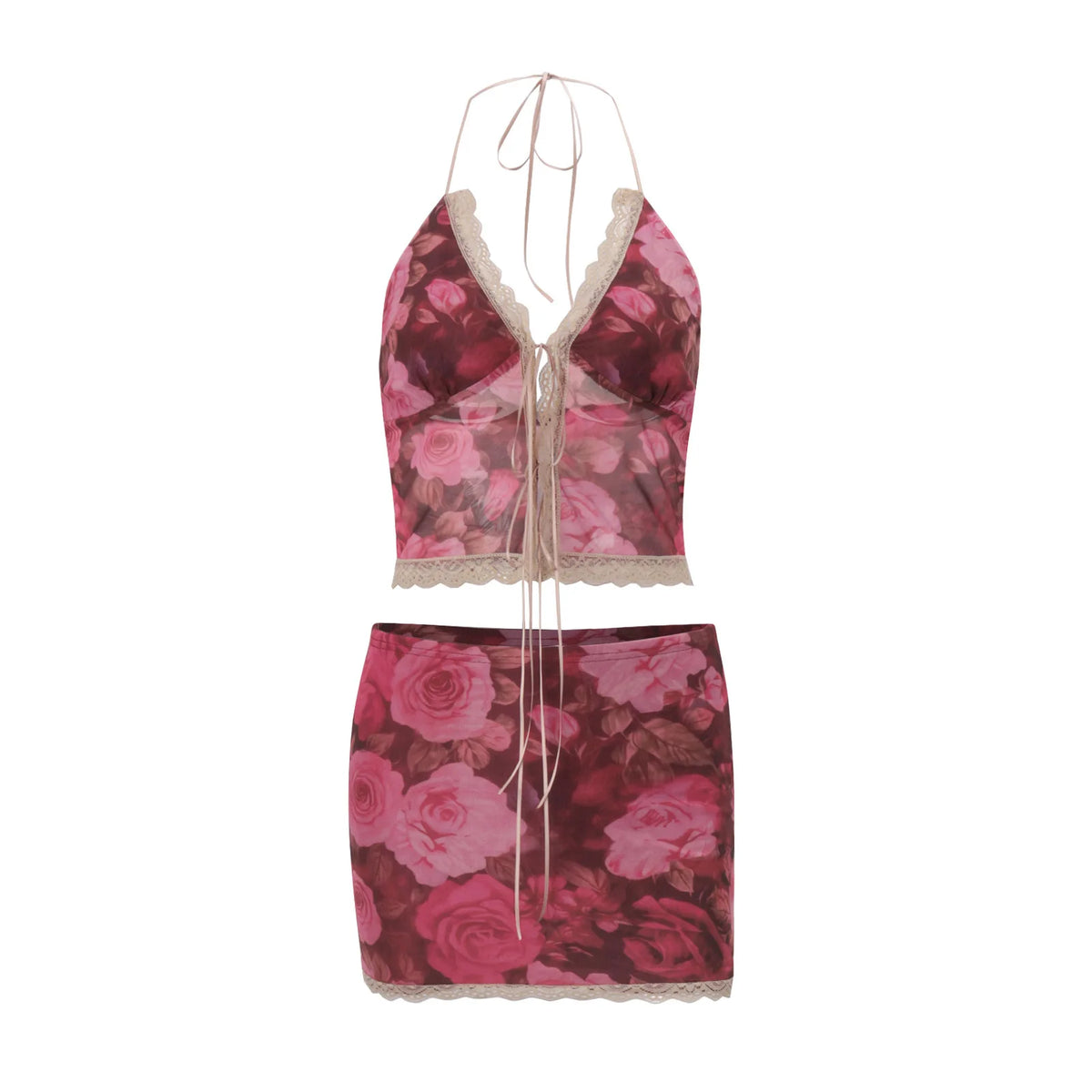 Cyflymder  Euramerican Summer Flower Print Women Two Piece Sets Y2k Sexy Halter Lace Edge V Neck Backless Tanks Spice Girl Low Waist Skirt