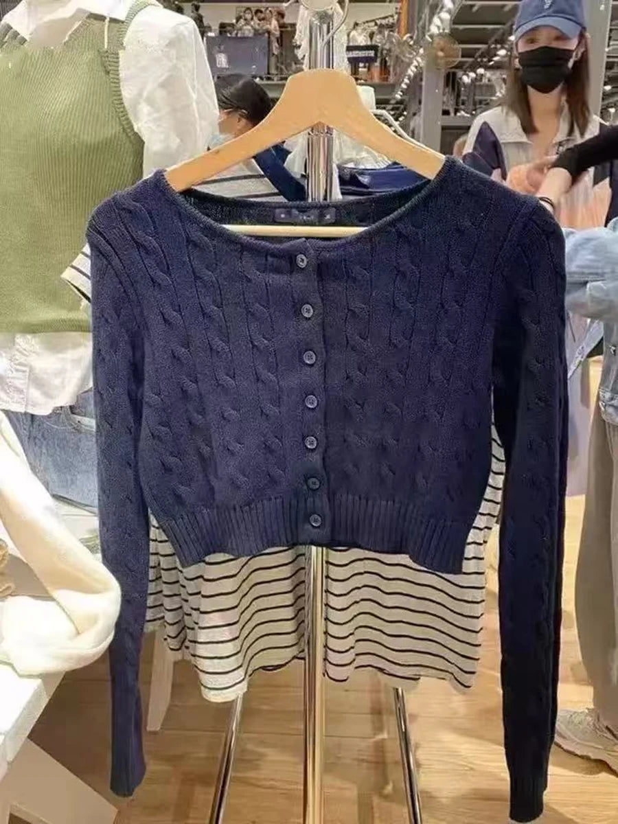 Cyflymder  Drak Green O-neck Knit Cardigan Women Spring Cotton Casual Streetwear Slim Cropped Sweaters Vintage Simple Sweet Kniitwear Y2K
