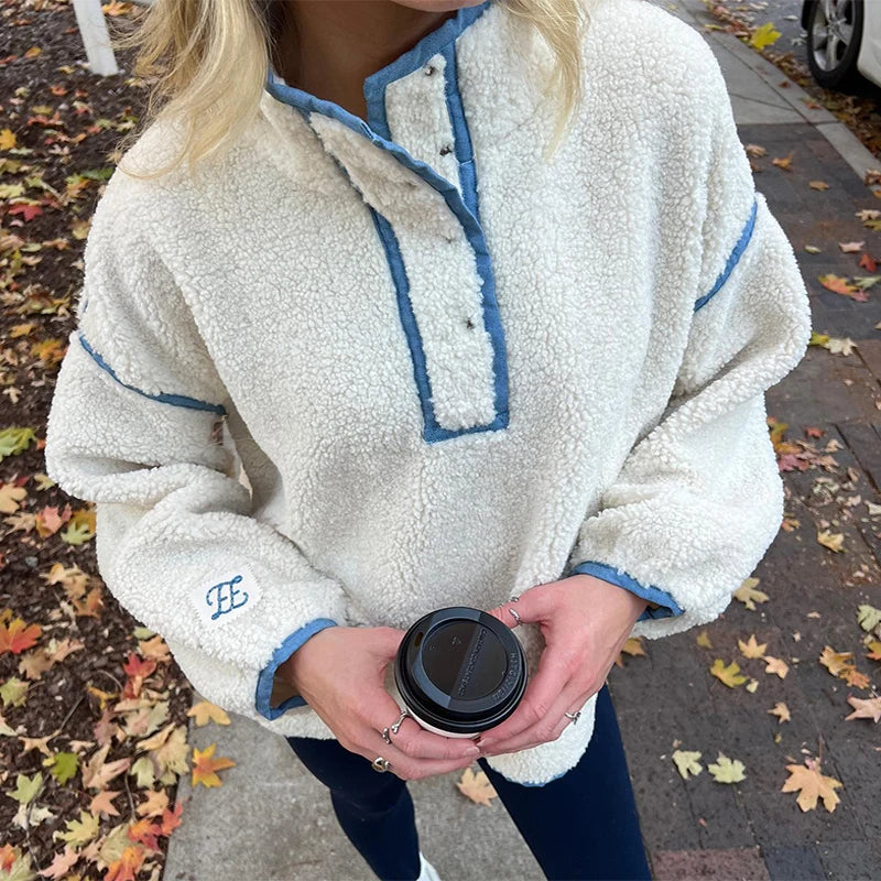 Cyflymder  Lamb Fleece Women's Coat Stand Collar Full Sleeve Pockets Loose Female Pullover 2025 Autumn Commute Sport Fashion Lady Pullovers
