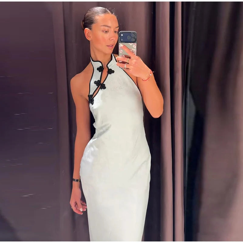 Cyflymder  Halter Sleeveless Knot Buckle Jacquard Midi Dress Slim Fit Bodycon Summer Women Satin Gown Causal  Coquette Lady Vestido