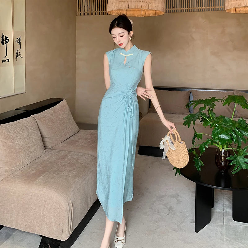 Cyflymder  Chinese Style Thin Dress Women Spring and Summer Stand Collar Cheongsam Slim Fit Dress Fashion Female Clothes