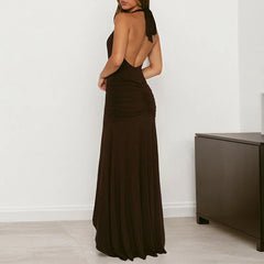 Cyflymder  Women's Halter Pleated Long Dress New Summer Hollow Out Sleeveless Slim Fit Party Dress Elegant Solid Color Wrap Hip Dress