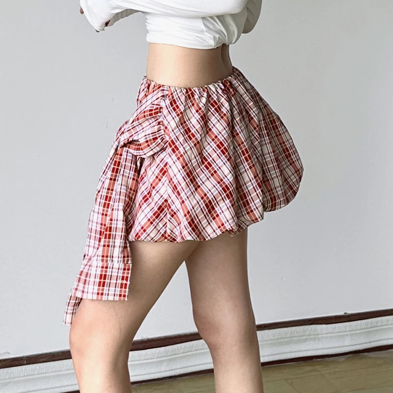 Cyflymder  Plaid Print Bud Skirt Tie-up Waist Single-breasted Decorate A-line Mini Skirts Y2K Aesthetic Low-rise Bottoms Cute Wome