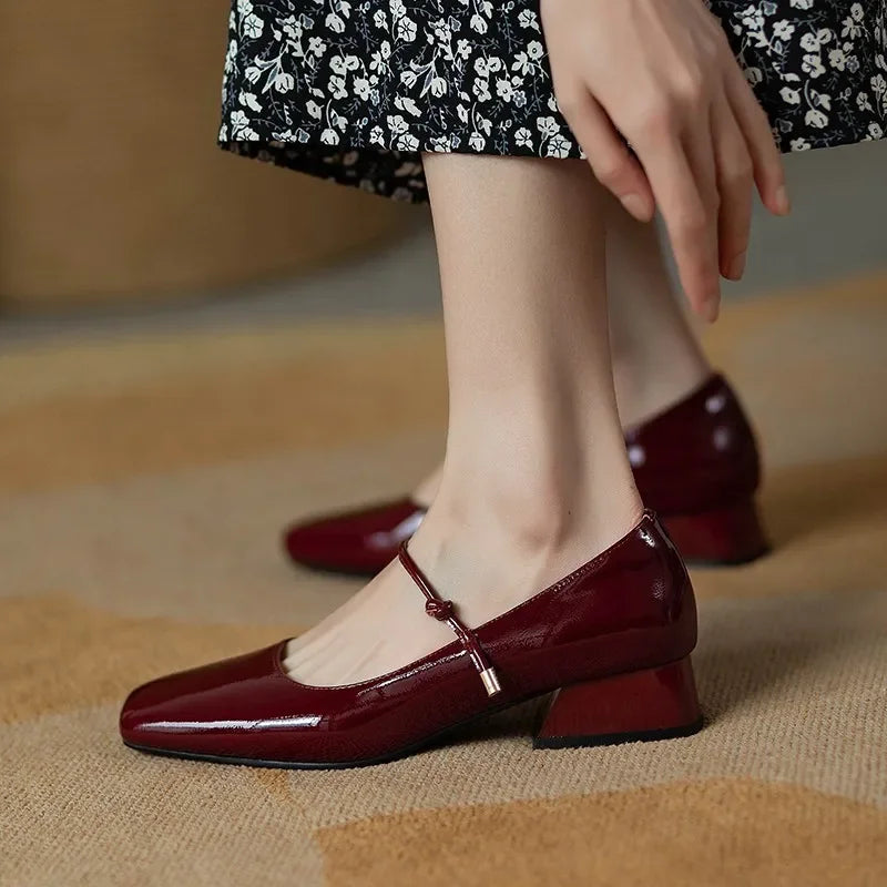 Cyflymder Elegant High Heels French Dress Party Shoes for Woman Platform Patent Leather Mary Jane Burgundy Black Square Toe Mid-heel Pumps