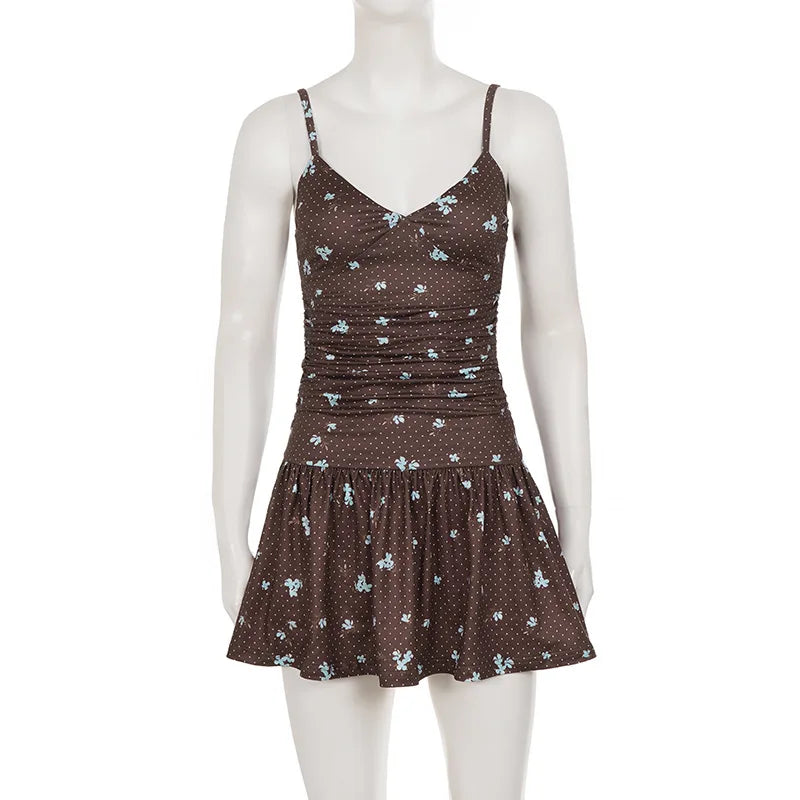 Cyflymder   Polka Dot Printed Slip Mini Dress Women V Neck Sleeveless Backless Slim Pleated A-Line Sexy Clubwear Summer Short Dresses