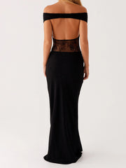 Cyflymder  Elegant Off Shoulder Lace Evening Gown with  V Neckline and Open Back for Women s Formal Party Wear
