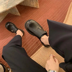 Cyflymder   Women's Leather Flat Shoes Retro Double Button Loafers Women's Genuine Leather Round Toe Big Toe Women's Shoes