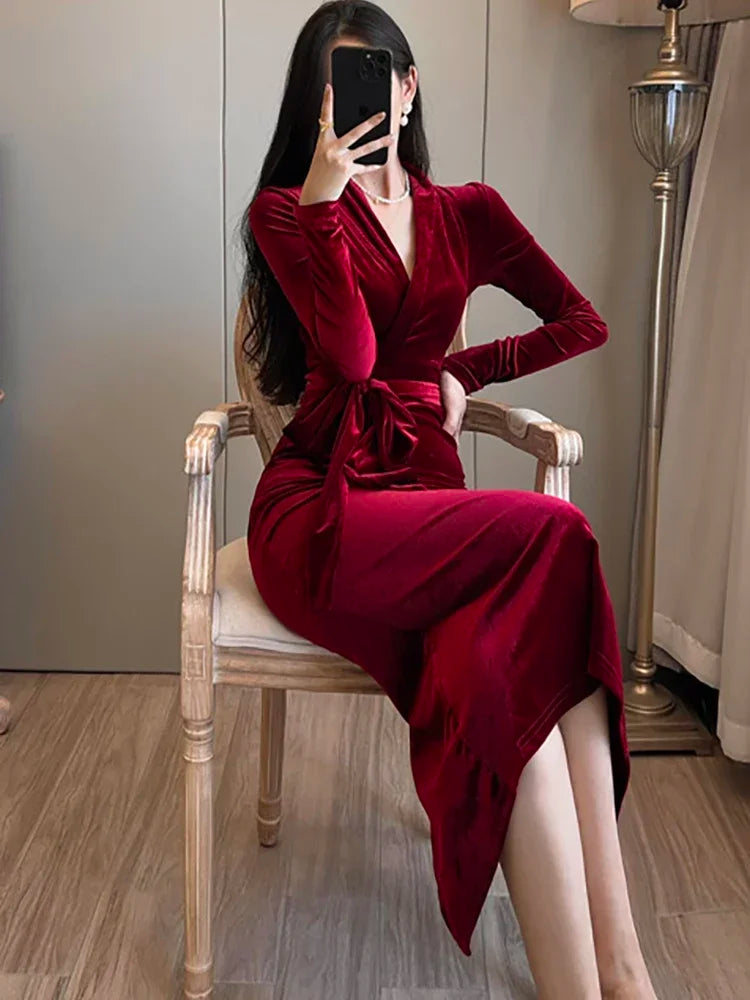 Cyflymder DRESS TO IMPRESS Autumn-winter Red Velvet Chic Bow Bandage Long Dress Luxurious Elegant Korean Vintage Evening Dresssheer Dresses for Women