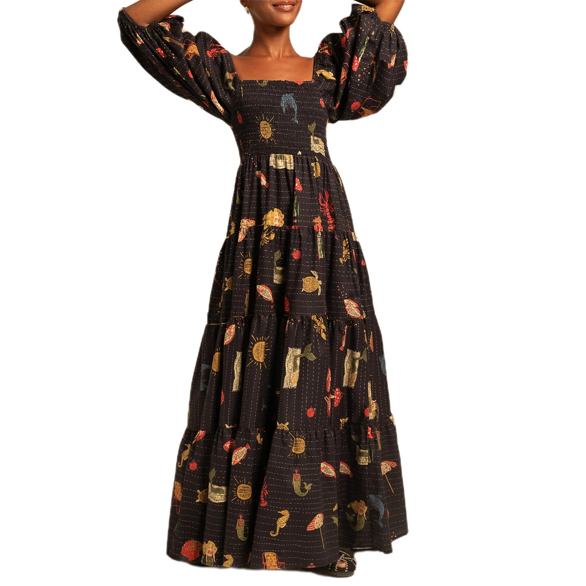 Cyflymder  Women s Maxi Dress with Tropical Print Short Sleeve Square Neckline Summer Dress Casual A-line Beach Dress with Oceanic Design