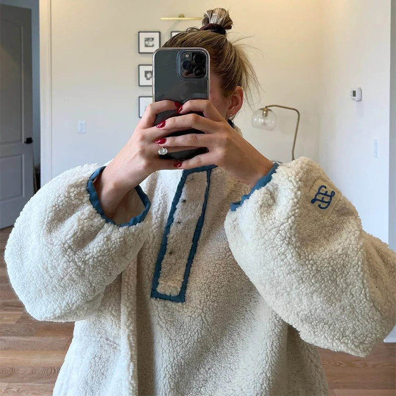 Cyflymder  Lamb Fleece Women's Coat Stand Collar Full Sleeve Pockets Loose Female Pullover 2025 Autumn Commute Sport Fashion Lady Pullovers