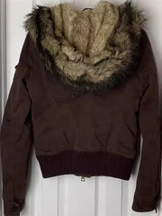 Cyflymder  Winter  American Vintage Y2K Warm Faux Fur Jacket Womens Brown Zipper Hooded Coat Autumn Casual Parkas Overcoats