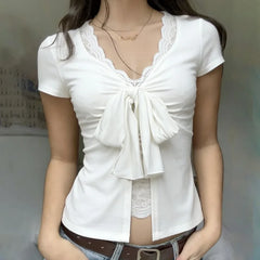 Cyflymder  High Street American Spliced Lace Fake Two Piece Y2k Pleated Bow Design Spice Girl Clothes Summer Sweet Casual Punk Tops