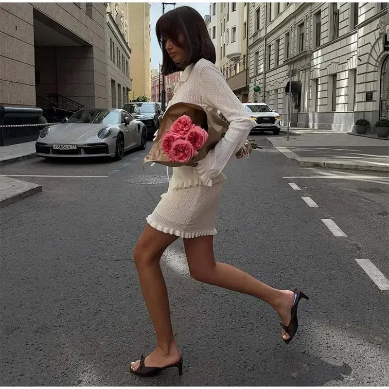 Cyflymder  Casual Knitted Ruffle Shirt Skirt Set Women Full Sleeve Lapel Lace Up Shirts Slim Mini Skirts Female 2025 Summer Fall Lady Suits