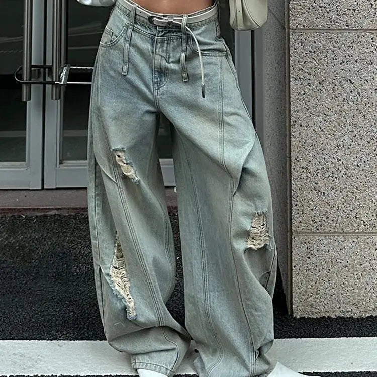 Cyflymder  Retro Do Old Gallery Ripped Jeans Children Babes Loose Bf Lazy Wind Mopping Scimitar Pants