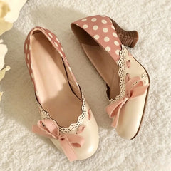 Cyflymder  Vintage Chunky Heel Women Pumps Polka Dot Design Bow Detail Round Toe Mary Jane Shoes Comfortable Lightweight Dress Lolita Shoes