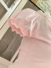 Cyflymder  Sweet T-Shirts Women Summer Pink Tshirt Lace Trim Collar Puff Sleeve Bow Decoration Cute Tops Tee Kawaii Clothes