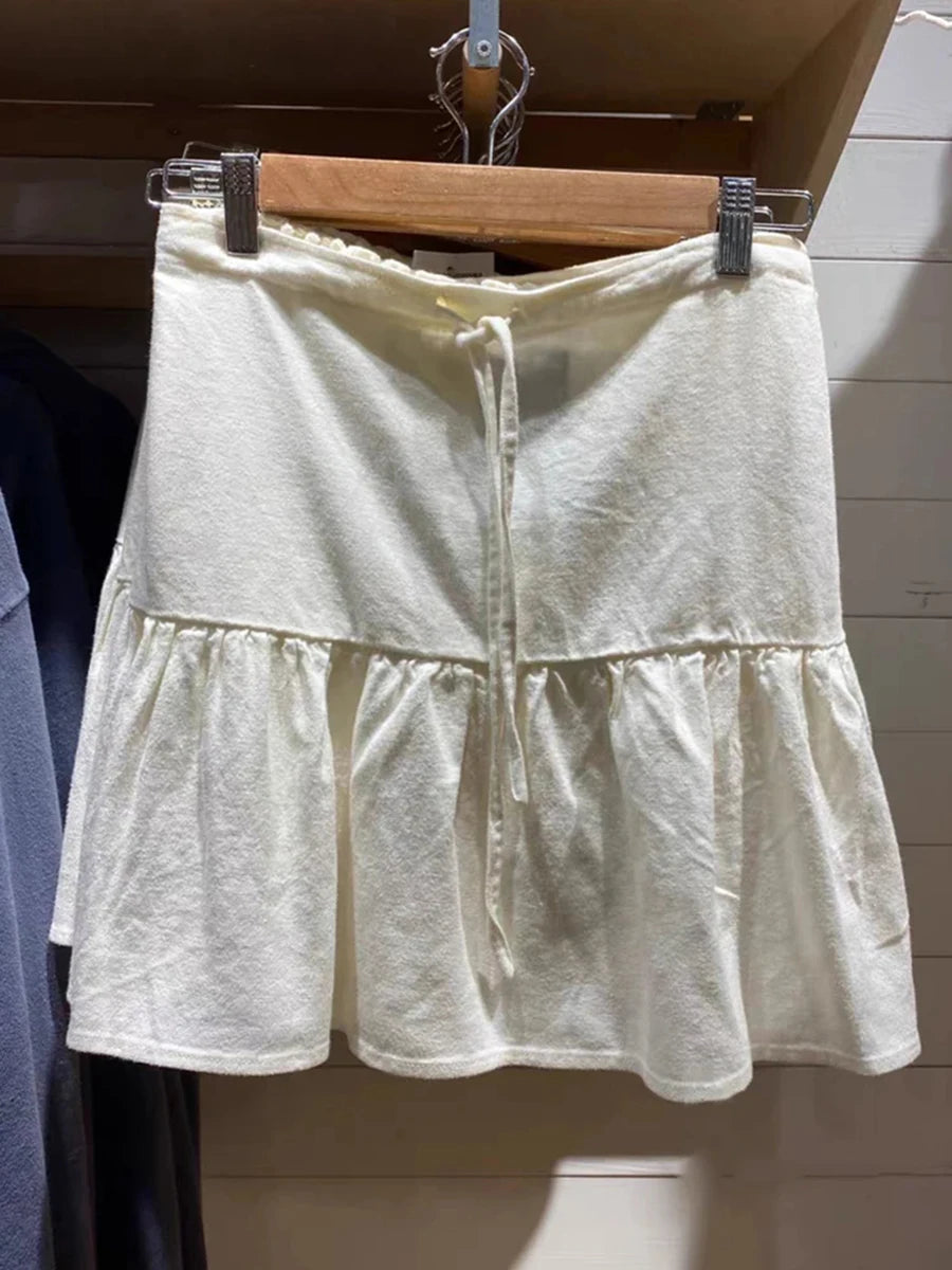 Cyflymder  Beige Lace-up A-line Shirks Women New Cotton High Waist Elastic Ruffles Hem Sweet Mini Skirts Vintage Cute Streetwear Chic Falda