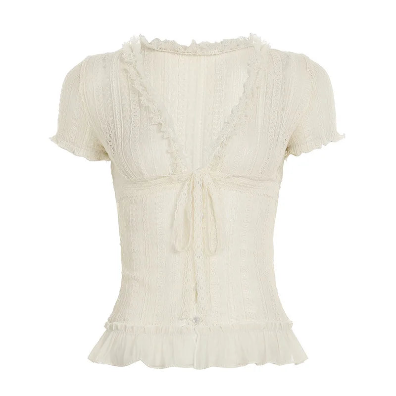 Cyflymder  French jacquard V-neck lace bubble sleeves sweet T-shirt Y2K Textured Waist Cinching Shirts Women Summer Cardigan Tops Blouse