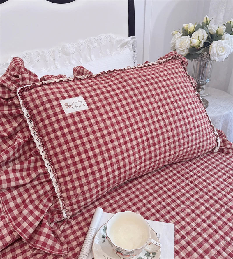 Cyflymder  100% Cotton yarn-dyed Plaid Washed Cotton Ruffles Korean Princess Bedding Set Duvet Cover Quilted Bedspread Pillowcases 4Pcs