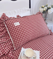 Cyflymder  100% Cotton yarn-dyed Plaid Washed Cotton Ruffles Korean Princess Bedding Set Duvet Cover Quilted Bedspread Pillowcases 4Pcs