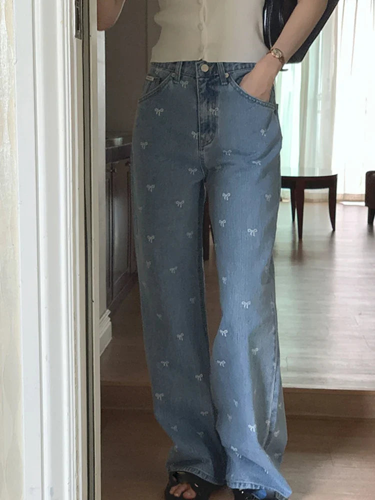Cyflymder  Korean Sle Women's Jeans 2024 New Elegant  Knot Fashionable Youthful Loose Design Straight Leg Long Pants
