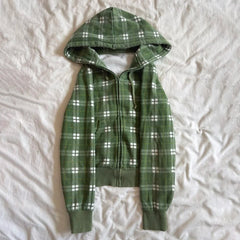 Cyflymder  Women Green Plaid Zip Hoodie, Drawstring Hooded Jacket Soft Fleece Loose Long Sleeve Autumn Casual Street Outerwear