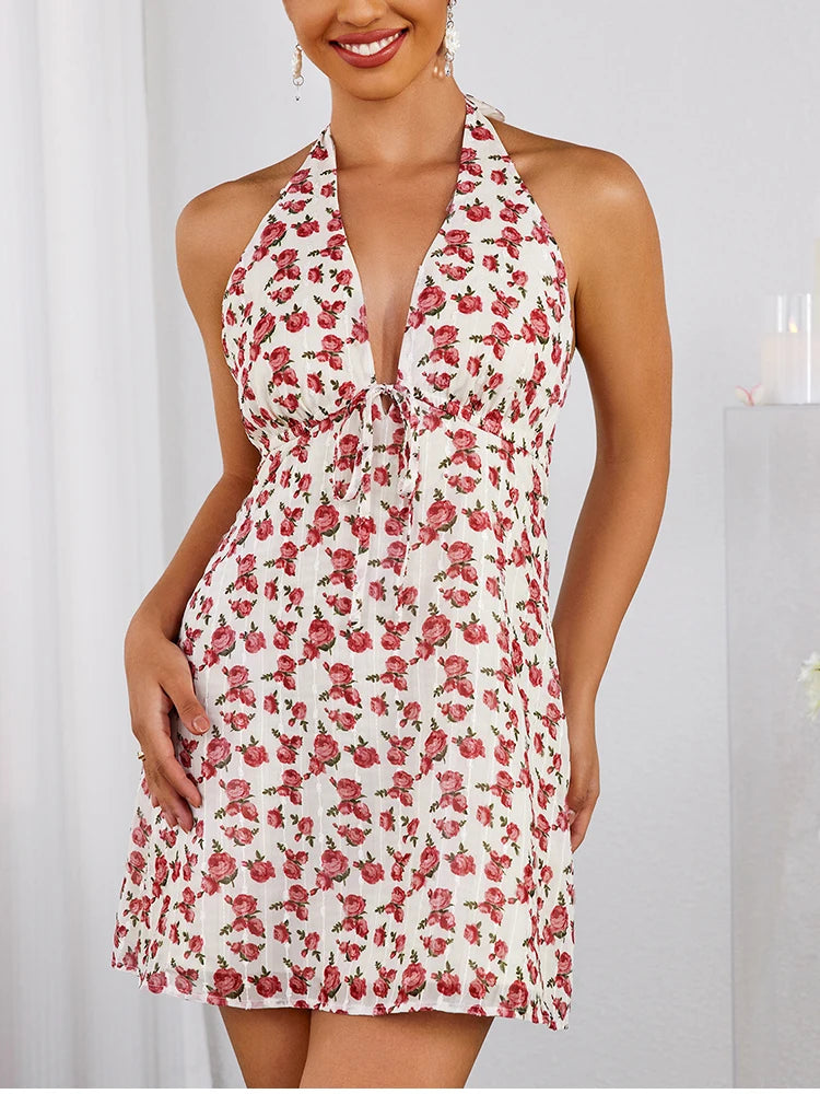 Cyflymder  Halter Backless Print Floral Mini Dress V-Neck Tie Up Fashion Casual Party Short Dresses Rose Summer Woman Clothing