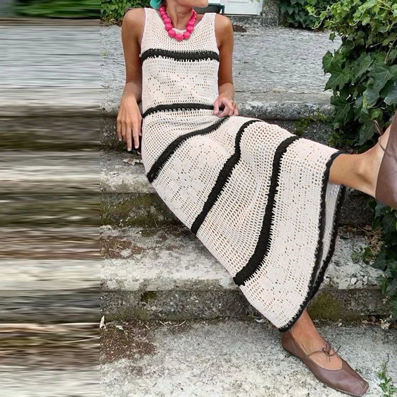 Cyflymder  Womens Sexy O Neck Sleeveless Slim Party Dress Casual High Waist Hollow Out Long Dress Summer Striped Print Knitted Beach Dress