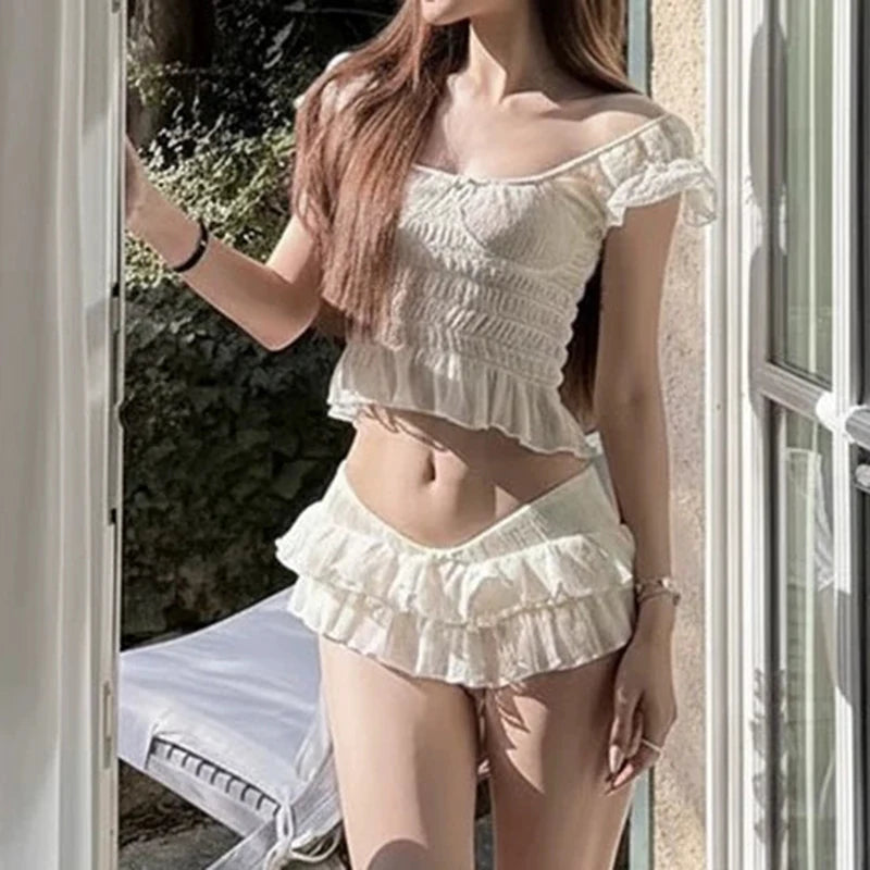 Cyflymder   French Style Off Shoulder Ruched Swimsuit Women Layered Ruffle Hem Skirt Bikini Set Sexy Slimming Bathing Suit Beach Vacation