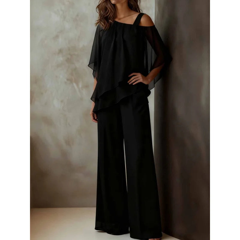 Cyflymder  Batwing Sleeve Chiffon Two Piece Set One Sleeve Asymmetric Hem Half Sleeve Blouse and Wide Leg Loose Pant Matching Set Summer
