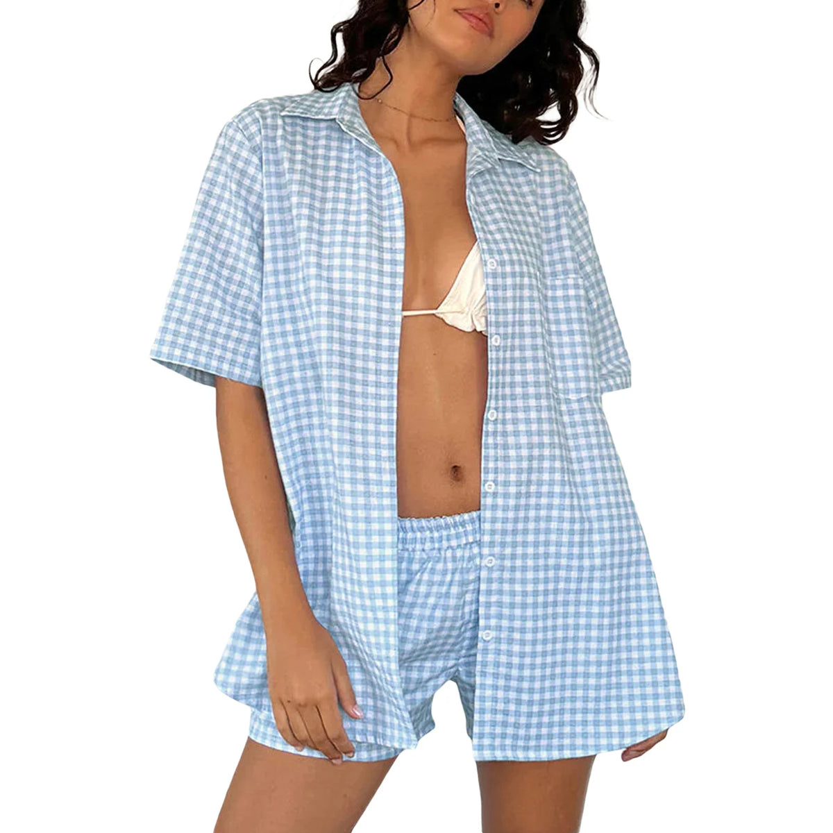 Cyflymder  Women's Lounge Wear Outfits Summer Fall Beach Streetwear Short Sleeve Lapel Neck Button Down Tops Elastic Waist Shorts Plaid Set