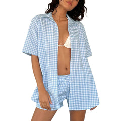 Cyflymder  Women's Lounge Wear Outfits Summer Fall Beach Streetwear Short Sleeve Lapel Neck Button Down Tops Elastic Waist Shorts Plaid Set