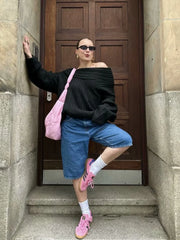 Cyflymder  High Waist Straight Leg Blue Waed Denim orts High Quali Wide Leg Five orts American Retro Deep Blue Jeans orts