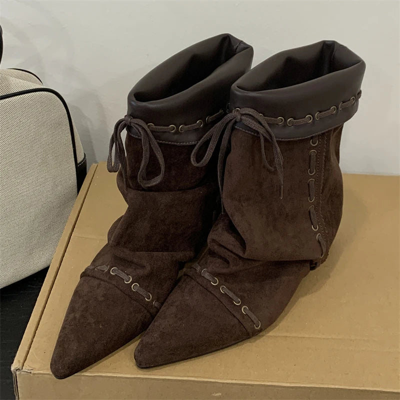 Cyflymder  Autumn Winter Soft Suede Pointed Toe Ankle Boots Women Fashion Lace Up Punk Style Modern Short Boots Ladies Wedges Party Heels